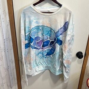 Women's White & Blue Turtle Print Crewneck Sweatshirt